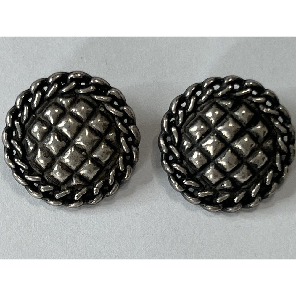 Vintage Silver Tone Clip On Earrings Round Chain Border Basket Weave 1" 1980s
